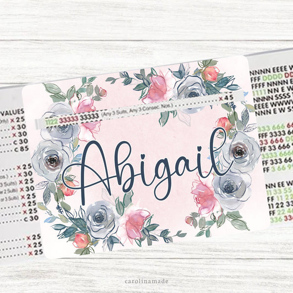 This acrylic mahjong line reader features a pink background with and floral frame and your personalized name. Check out our mahjong zipper pouches to carry your line finder