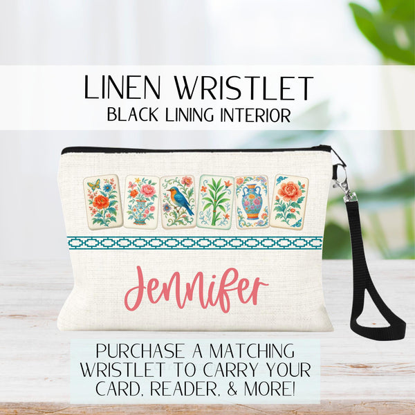 Matching linen zipper pouch personalized for mahjong game night