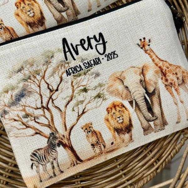 Safari Trip Makeup Bag, Personalized Safari Wild Life Zipper Pouch, Africa Trip, African Safari, Lion, Giraffe, Elephants & Zebra Gift Bag