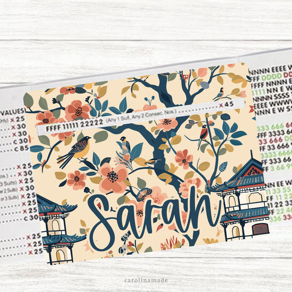 This acrylic mahjong line reader features a traditional chinese floral background. The bottom is personalization with your name. Several mahj zipper pouchs available also.