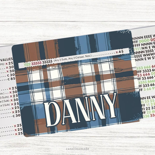 This acrylic mahjong line reader features a white, brown and navy plaid background. The bottom is personalization with your name. Several mahj zipper pouches available also.