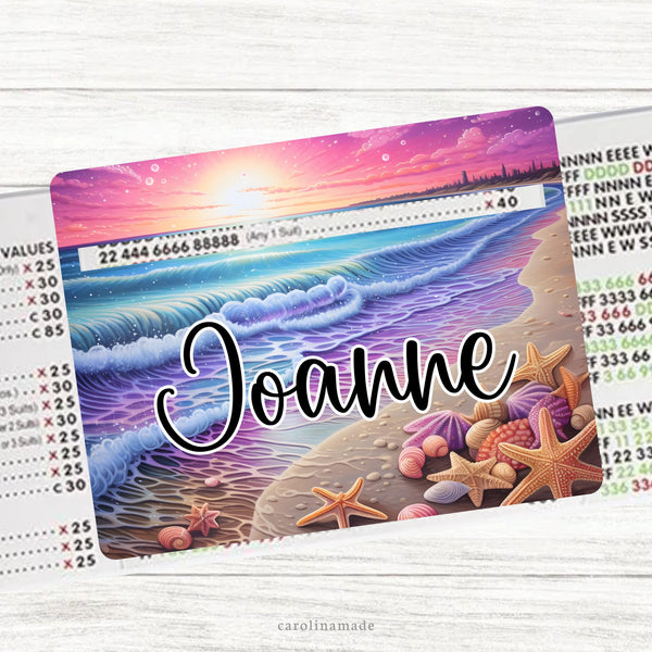 This acrylic mahjong line reader features a beach theme background with your personalized name in the center. Check out our mahjong zipper pouches to carry your line finder