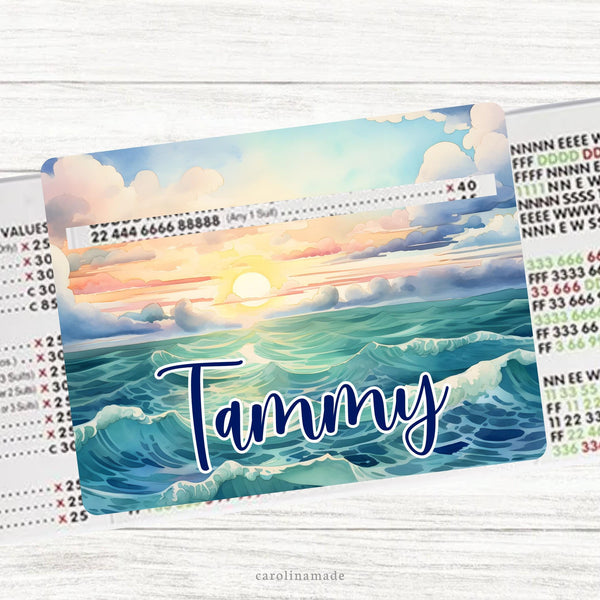 This acrylic mahjong line reader features a beach theme background with your personalized name in the center. Check out our mahjong zipper pouches to carry your line finder