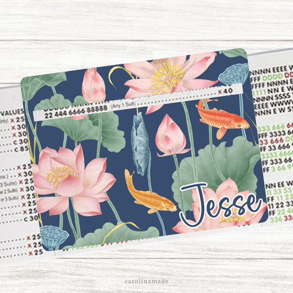 This acrylic mahjong line reader features a navy lotus and carp background with your personalized name. Check out our mahjong zipper pouches to carry your line finder