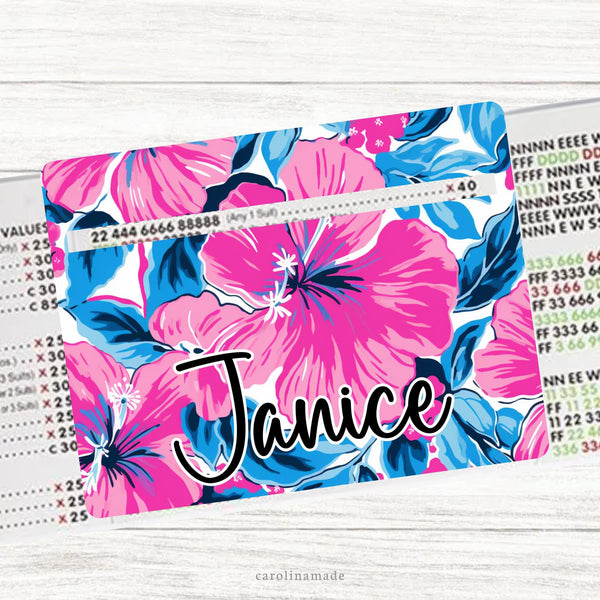 This acrylic mahjong line reader features a preppy blue and pink hibiscus background with your personalized name. Check out our mahjong zipper pouches to carry your line finder