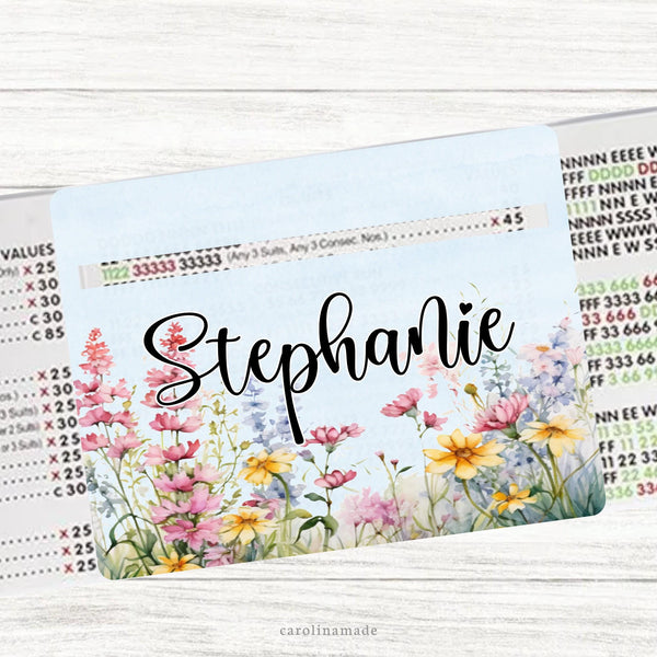 This acrylic mahjong line reader features a blue background with and floral wildflower border along the bottom and your personalized name. Check out our mahjong zipper pouches to carry your line finder