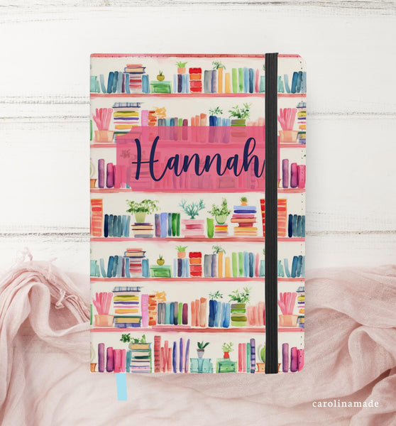 Watercolor Bookshelf Journal, Personalized Reading Journal, Book Nerd Gratitude or Prayer Journal, Sister gift, Best Friend gift, Book Nerd