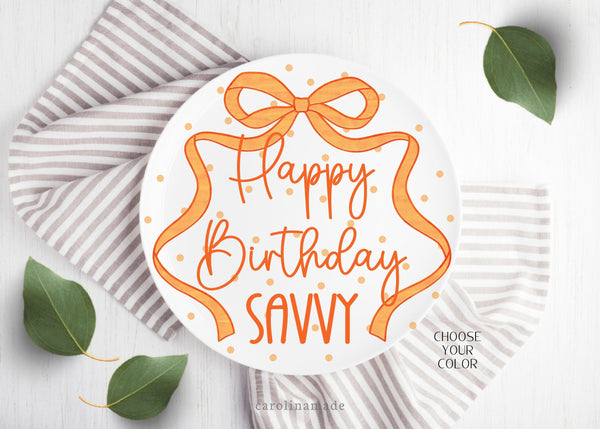 Purple Ribbon Cake Plate, Personalized Name Plate for Girls, Custom Birthday Plate, Girls First Birthday Keepsake, Purple Coquette Bow Plate
