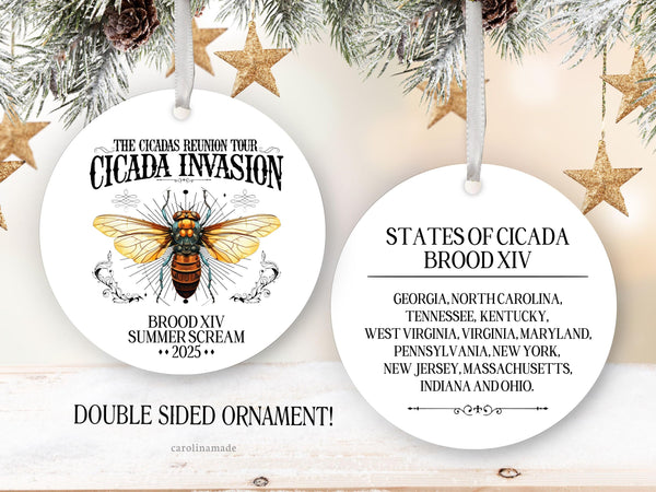 This handcrafted cicada keepsake ornament commemorates the noisy return of Cicada Broods 14. The front says Cicada Reunion Tour, Cicada Invasion, Summer Scream 2025. The back lists all the states of the double brood.