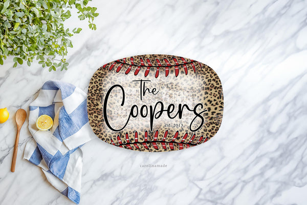Leopard Print Baseball Name Platter, Personalized Baseball Grilling Plate, Baseball Dad, Custom Father's Day Gift, BBQ Grill Serving Tray