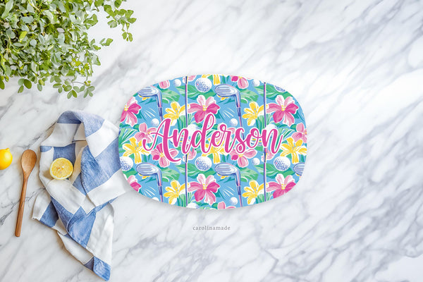 Preppy Floral Golf Platter, Personalized Girly Golf Grilling Plate, Custom Golf Mothers Day Gift, BBQ Grill Serving Tray, Golfing Gift Ideas