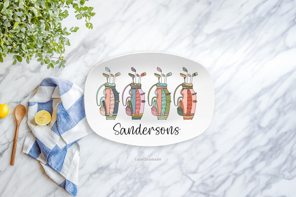 Whimsical Golf Bag Platter, Personalized Golf Grilling Plate, Custom Golf Mothers Day Gift, BBQ Grill Serving Tray, Ladies Golfing Gift Idea
