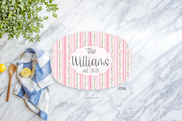 Floral Stripes Serving Platter, Personalized Family Name Plate, Custom Housewarming Gift, Grandmillennial Kitchen, Realtor New Home Gift