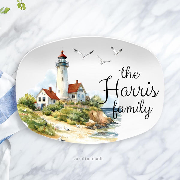 Lighthouse Serving Platter, Personalized Coastal Light House Plate, Seafood Tray, Custom Gift for Mom, Beach Decor, Family Name Gift Ideas