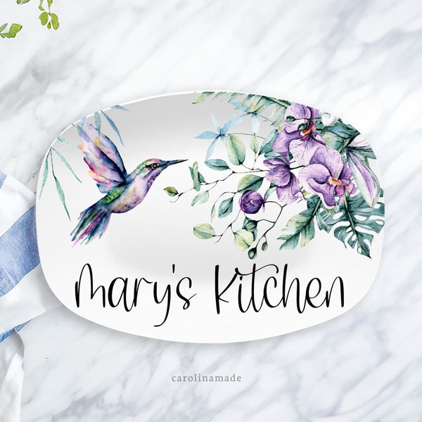Hummingbird Serving Platter, Personalized Name Plate, Custom Housewarming Gift, Mom's Kitchen, Gift for Friend, Floral Hummingbird Gift
