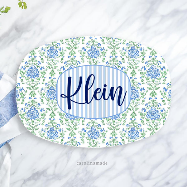 Blue Floral Serving Platter, Personalized Name Plate, Custom Housewarming Gift, Mom's Kitchen, Gift for Friend, Blue Floral Toile