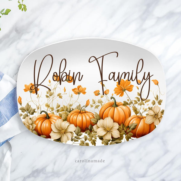 Fall Pumpkin Family Name Platter, Personalized Pumpkin Grilling Plate, Thanksgiving Custom Gift, BBQ Grill Serving Tray, Thanksgiving Party