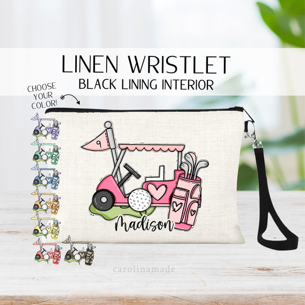 This linen zipper pouch features a soft black lining on the inside with black zipper and black wristlet strap. The front has a fun girly golf  cart, ball and tee, golf club bag, grass and a hole marker. It is personalized with name at the bottom.