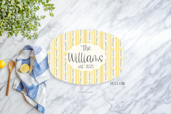 Floral Stripes Serving Platter, Personalized Family Name Plate, Custom Housewarming Gift, Grandmillennial Kitchen, Realtor New Home Gift