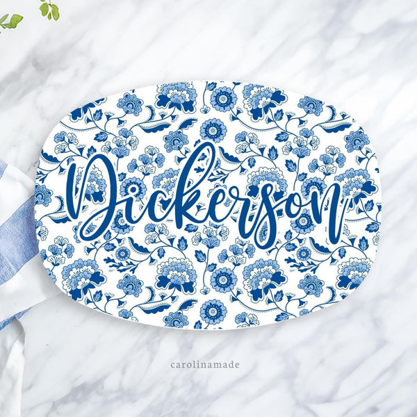 Blue & White Floral Serving Platter, Personalized Name Plate, Custom Housewarming Gift, Mom's Kitchen, Gift for Friend, Blue Floral Toile