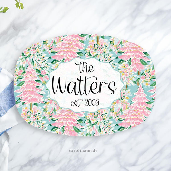 Preppy Christmas Platter, Personalized Christmas Family Name Plate, Custom Hostess Gift, BBQ Grill Serving Tray, Christmas Party Platter