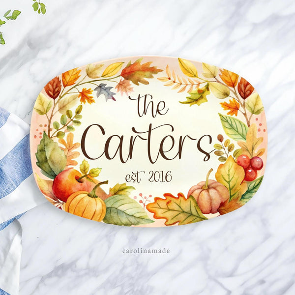 Fall Family Name Platter, Personalized Pumpkin & Leaves Plate, Thanksgiving Custom Gift, BBQ Grill Serving Tray, Thanksgiving Party Platter