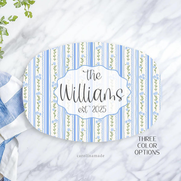 Floral Stripes Serving Platter, Personalized Family Name Plate, Custom Housewarming Gift, Grandmillennial Kitchen, Realtor New Home Gift