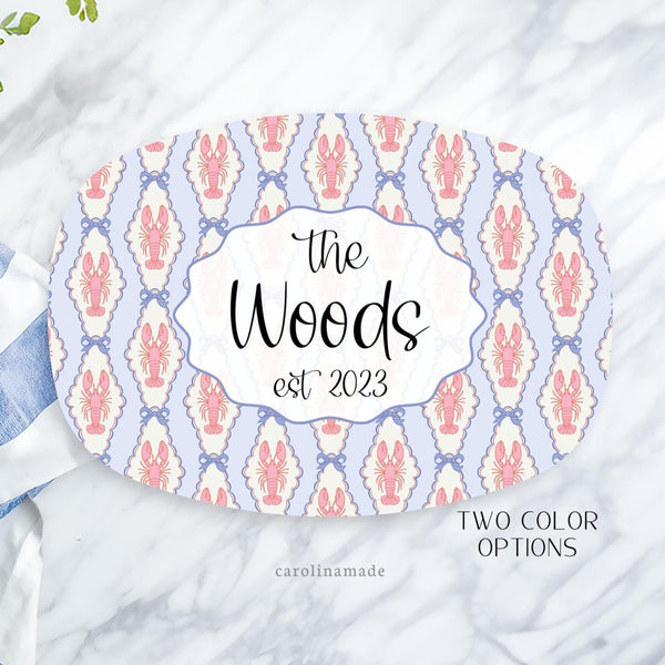 This large serving platter features a preppy coquette grandmillenial theme design with rows of lobster and bows. The center says your family name and established date.  Your choice of blue and red or green and blue design.