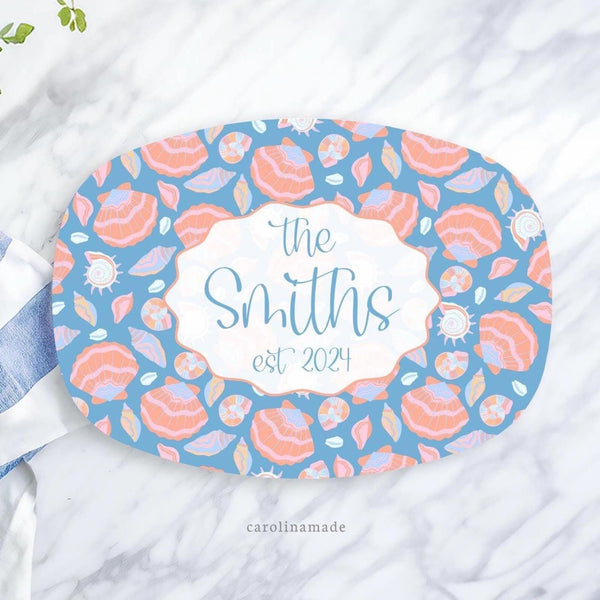 Seashells Serving Platter, Personalized Coastal Plate, Seafood Tray, Custom Gift for Mom, Beach Decor, Sea Shell Family Name Gift Ideas