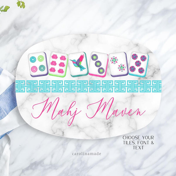 This oval 10x14 large serving platter features a printed marble background with your choice of several mahjong tile options. Under the tiles is a Chinese border in the center with your personalized text at the bottom. Choose a tile set, font choice and customize the text for your needs!