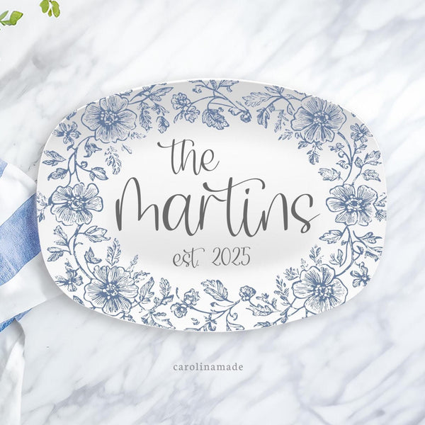 Blue & White Floral Serving Platter, Personalized Name Plate, Custom Housewarming Gift, Mom's Kitchen, Gift for Friend, Blue Floral Toile