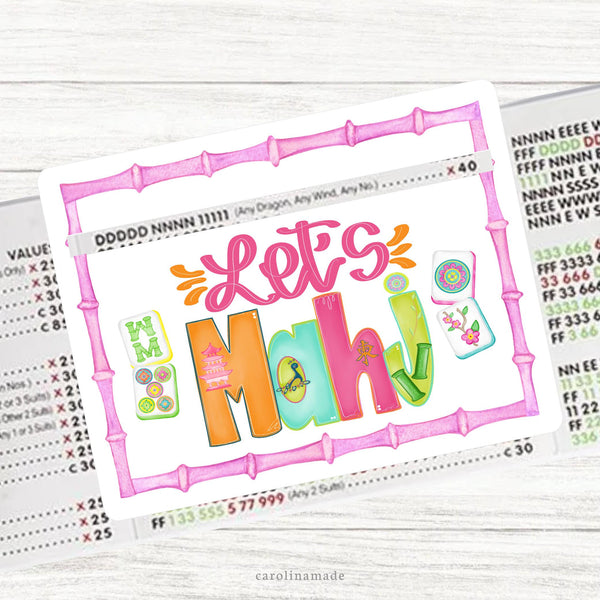 This acrylic line reader features a pink bamboo border and says Let's Mahj in colorful text with mahjong tiles on both sides.