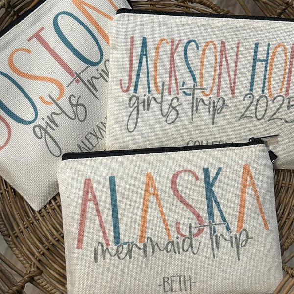 Personalized Girls Trip Makeup Bag, Cosmetic Destination Travel Bag, Custom Trip Zipper Pouch, Girls Weekend Bag, Best Friend Getaway Trip