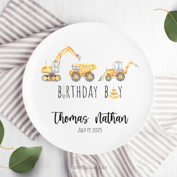 Birthday Boy Construction Party Plate, Personalized Boys Name Plate, Custom Birthday Cake Plate, First Birthday Keepsake, Baby Shower Gift