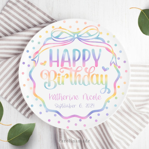 Girls Rainbow Pastel Plate, Personalized Name Plate for Girls, Custom Birthday Cake Plate, Girls First Birthday Keepsake, Pink Bow Plate