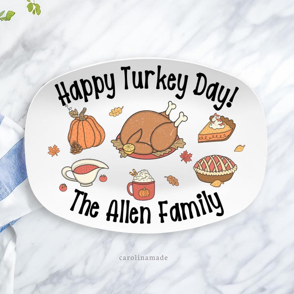 Happy Turkey Day Platter, Personalized Family Thanksgiving Serving Plate, Friendsgiving Party Platter, Custom Thanksgiving Party Food Tray