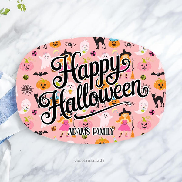 Pink Happy Halloween Platter, Personalized Family Halloween Serving Plate, Spooky Halloween Party Platter, Custom Halloween Party Food Tray