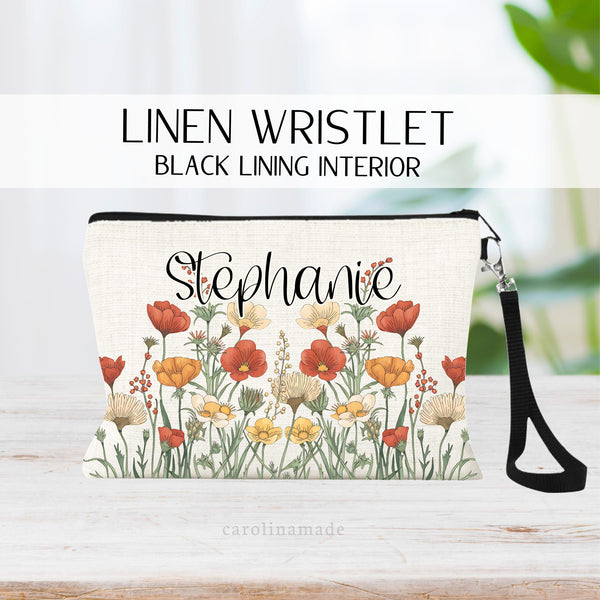 Fall Boho Wildflower Makeup Bag, Personalized Fall Floral Wristlet, Bridal Party Gift Ideas, Autumn Cosmetic Bag, Fall Boho Cottagecore Bag