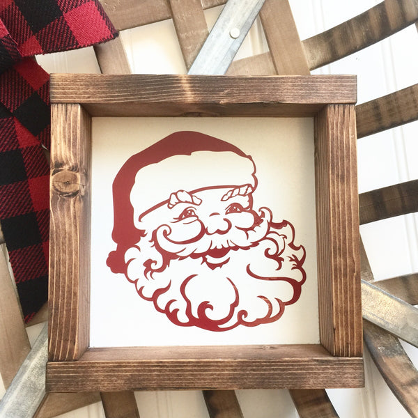 Vintage Santa Claus | Head Face | Rustic Farmhouse Canvas Decor | Christmas Holiday Sign for Fireplace Mantle Shelf