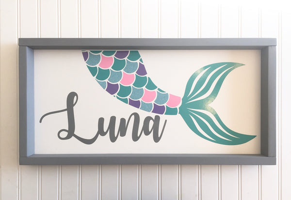 Mermaid Nursery Name Sign | Farmhouse Personalized Wood Framed Wall Decor Art | Baby Shower Gift, Mermaid Print, Personalized Nursery Print