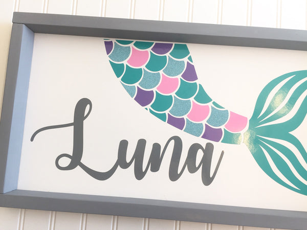 Mermaid Nursery Name Sign | Farmhouse Personalized Wood Framed Wall Decor Art | Baby Shower Gift, Mermaid Print, Personalized Nursery Print