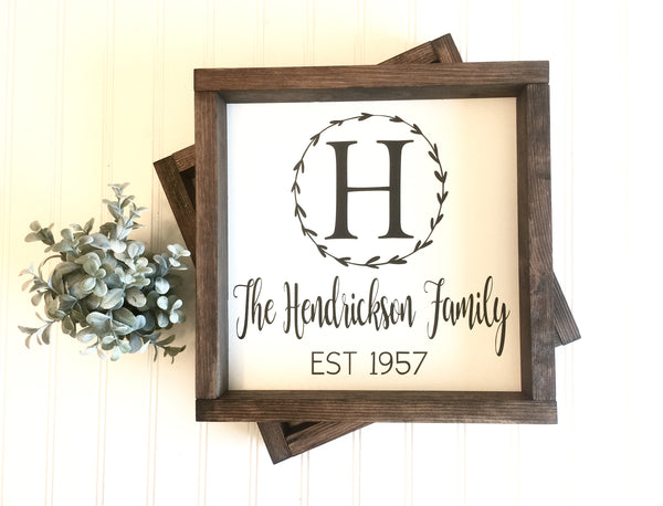 Personalized Last Name Sign | Wooded Frame Sign Shelf Decor Farmhouse Country Rustic Wood Sign Family Friend Housewarming Gift Mongoram