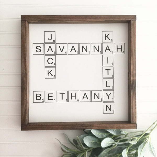 Scrabble Tile Letter Sign | Family Name | Personalize | Rustic Farmhouse Wood Framed Wall Decor | Housewarming Mothers Day Gift