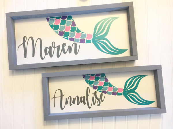 Mermaid Nursery Name Sign | Farmhouse Personalized Wood Framed Wall Decor Art | Baby Shower Gift, Mermaid Print, Personalized Nursery Print