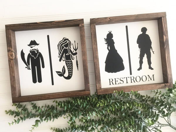 Restroom People Sign | Customize | Mermaid Pirate Princess Soldier |  Kids Bathroom Sign Humor Wood Sign Funny Farmhouse Wall Decor