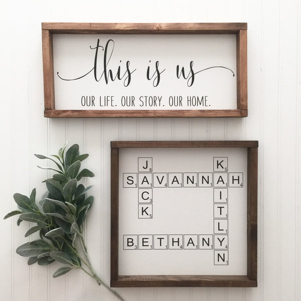 Scrabble Tile Letter Sign | Family Name | Personalize | Rustic Farmhouse Wood Framed Wall Decor | Housewarming Mothers Day Gift