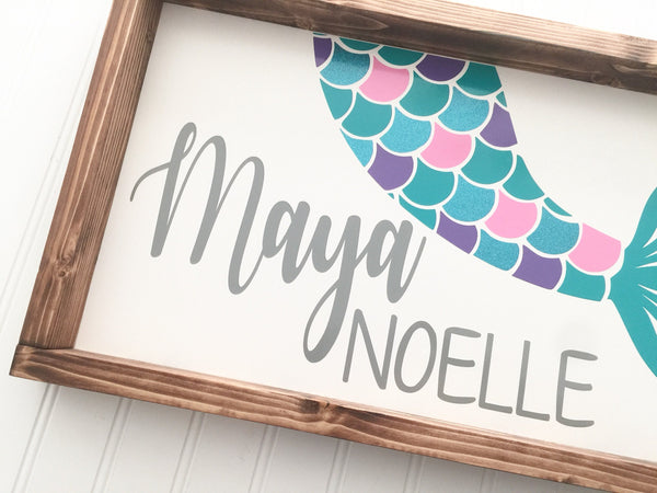 Personalized Mermaid Baby Nursery Sign | Wood Framed Wall Decor Art | Baby Shower Gift