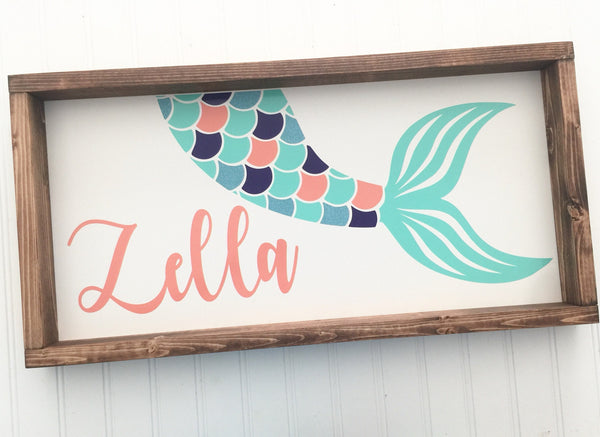 Mermaid Baby Nursery  Name Sign |  Personalized Farmhouse Wood Framed Wall Decor Art | Baby Shower Gift