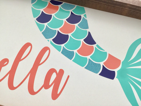 Mermaid Baby Nursery  Name Sign |  Personalized Farmhouse Wood Framed Wall Decor Art | Baby Shower Gift