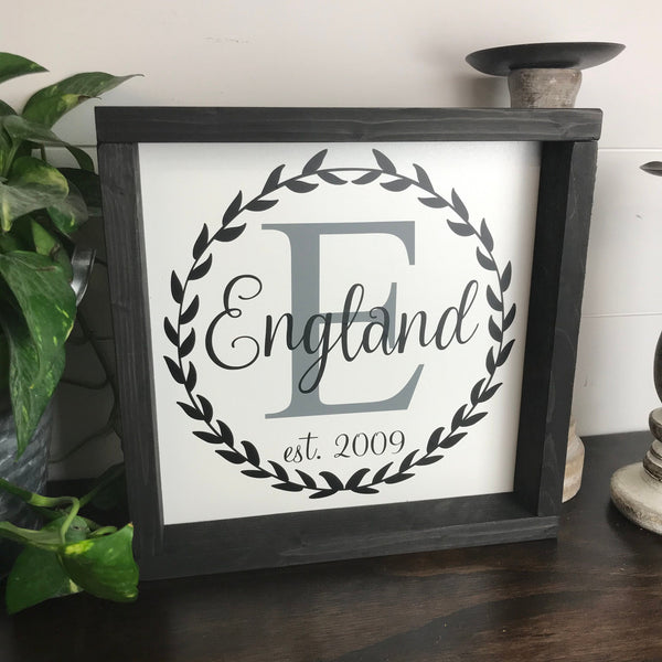 Last Name Intial Established Date Family Sign Farmhouse Style Rustic Decor Wood Framed